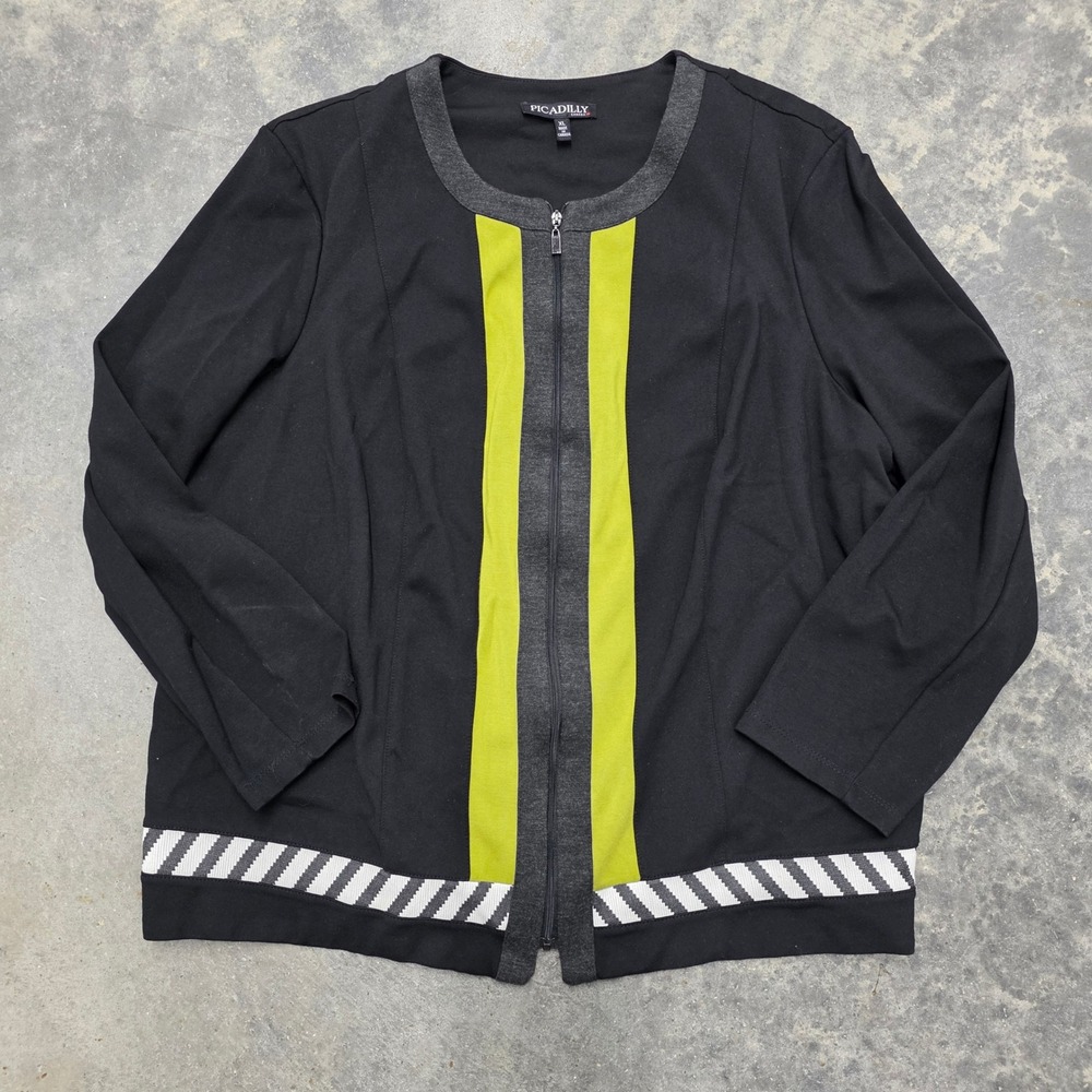 Piccadilly Canada XL Black Knit Jacket Full Zip Front Striped Trim‎